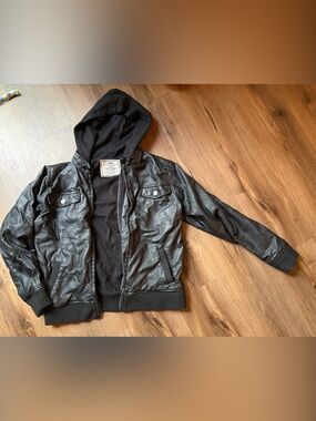 Chor Black Faux Leather Bomber Jacket with Hood